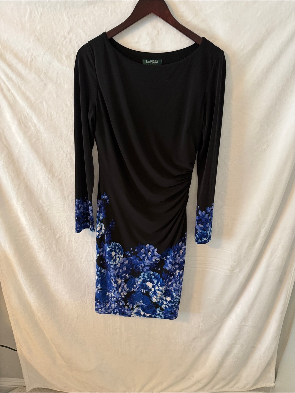 Lauren Ralph Lauren Black Long-Sleeve Dress with Blue Floral Hem